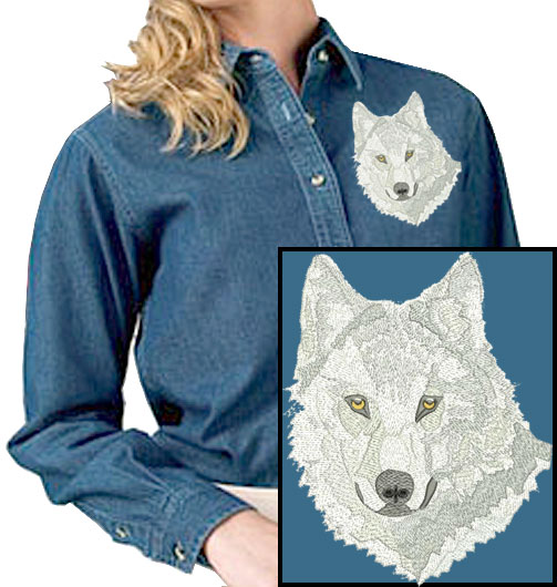 Wolf High Definition Portrait #3 Embroidered Women's Denim Shirt - Click Image to Close