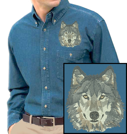 Wolf High Definition Portrait #4 Embroidered Men's Denim Shirt - Click Image to Close