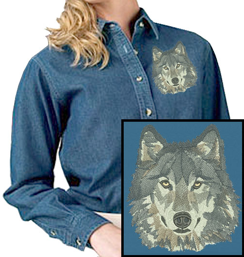 Wolf High Definition Portrait #4 Embroidered Women's Denim Shirt - Click Image to Close