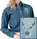 Bison Portrait #2 -White Buffalo Embroidered Women's Denim Shirt