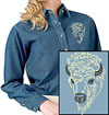 Bison Portrait #2 -White Buffalo Embroidered Women's Denim Shirt