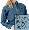 Jack Russell Terrier Portrait #1 Embroidered Ladies Denim Shirt for Jack Russell Terrier Lovers - Click to Enlarge
