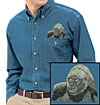 High Definition Gorilla Portrait Embroidered Mens Denim Shirt for Gorilla Lovers - Click to Enlarge