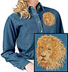 High Definition Lion Portrait #3 Embroidered Ladies Denim Shirt for Lion Lovers - Click to Enlarge