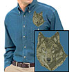 Timber Wolf High Definition Portrait #1 Embroidered Mens Denim Shirt for Wolf Lovers - Click to Enlarge
