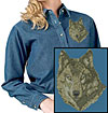 Timber Wolf High Definition Portrait #1 Embroidered Ladies Denim Shirt for Wolf Lovers - Click to Enlarge