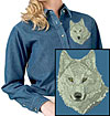 Grey Wolf High Definition Portrait #2 Embroidered Ladies Denim Shirt for Wolf Lovers - Click to Enlarge