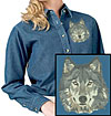 Grey Wolf High Definition Portrait #4 Embroidered Ladies Denim Shirt for Wolf Lovers - Click to Enlarge